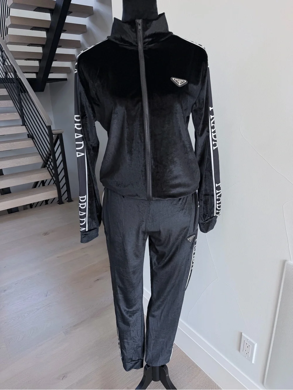 Prada Black Velour Track Jacket & Pants Set size S